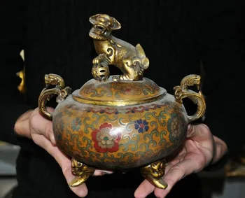 

wedding decoration 7"China bronze Cloisonne Enamel Gilt Foo Fu Dog Lion Beast Incense Burner Censer