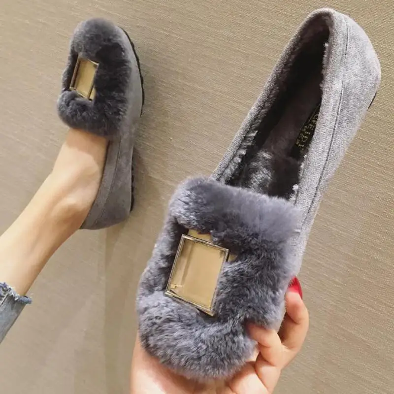 

Women Real Fur Shoes Winter Plush Loafers Ballet Flats Warm Furry Slip On Large Size Moccasins Round Toe Brand Lady Footwear New