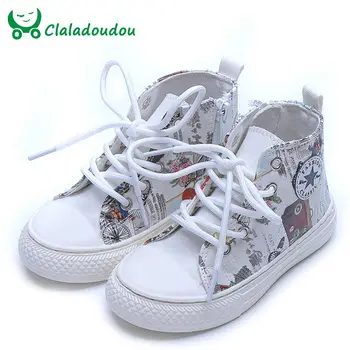 

15.5-20CM Girls Boys Fashion Canvas Flats Shoes Graffiti Ankle Boots Sneakers Gold Silver Lace-up + Zip Kids School Shoes 3-10Y