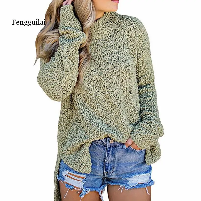 

Fengguilai Turtleneck Long Sleeve Womens Fleece Pullover New Arrival Autumn Winter Irregular Sweater Jumper