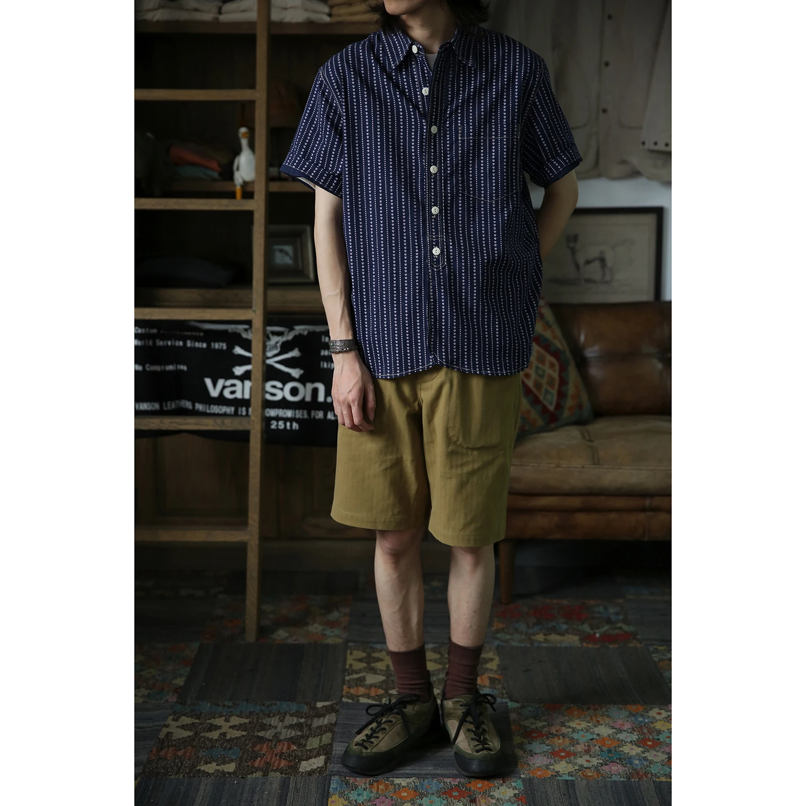BOB DONG Heart-Shaped Wabash Shirt Indigo Heritage Mens Workwear Striped Shirts 5