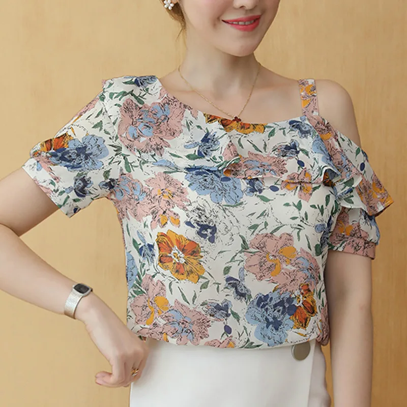 Damas blusa zomer mulher Топы verAo с оборками и цветочным принтом Barra pescoCo ombro frio Топы mulheres camisas partes superiores das