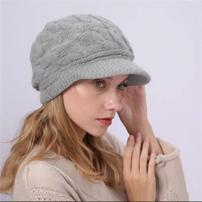 New Fashion Women Ladies Visor Winter Warm Knit Hat Crochet Slouchy Baggy Peaked Beanie Caps Black Beige Red Pink