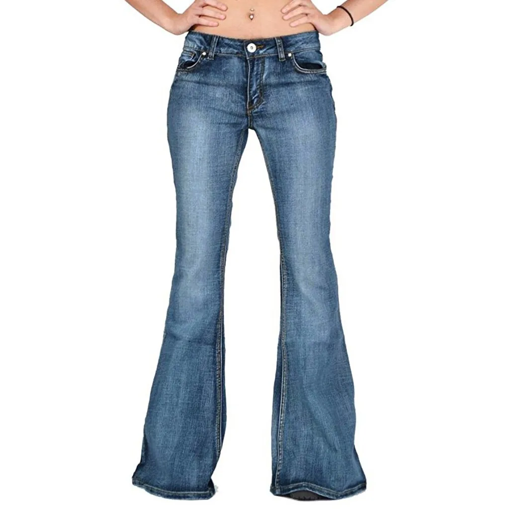 Plus Size Black Blue Jeans Women Destoryed Flare Jeans Spodnie Damskie Button Waist Bell Bottom Denim Long Pants Jean Femme#C11