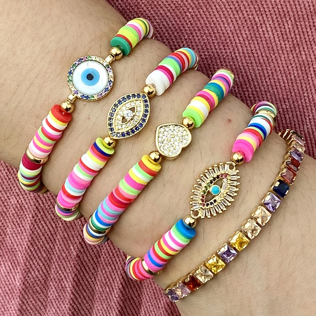 Pulsera de arcilla polimérica de 6MM para mujer, brazalete de zirconia, Ojo de demonio, corazón de amor, Ojo de suerte, colores mixtos|Pulseras identificación| - AliExpress