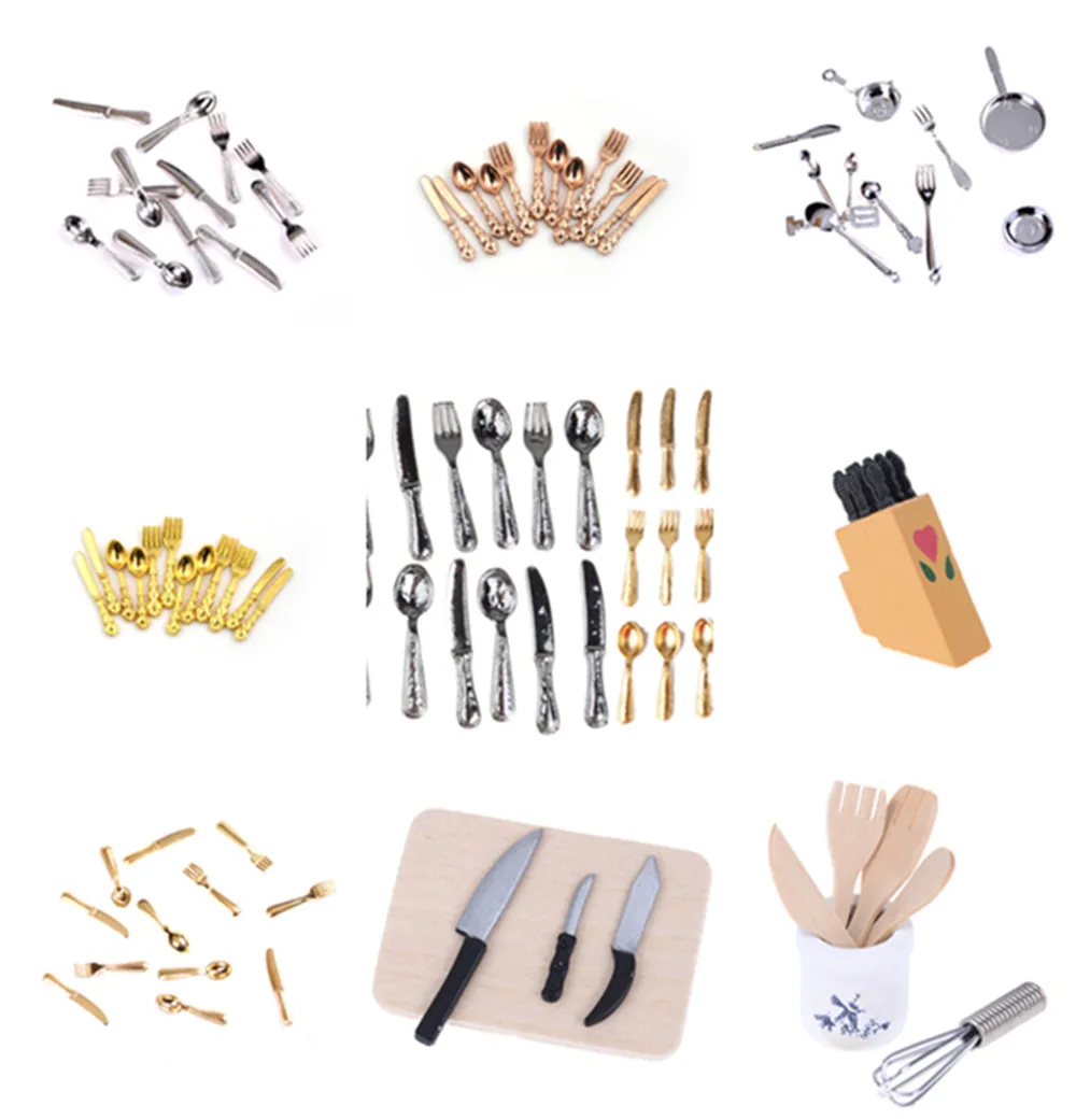 

New 12Pc 1:12 Mini Dollhouse Miniatures Tableware Cutlery Knife Fork Spoon Cake Knife Chopping Block Kitchen Food Furniture Toy