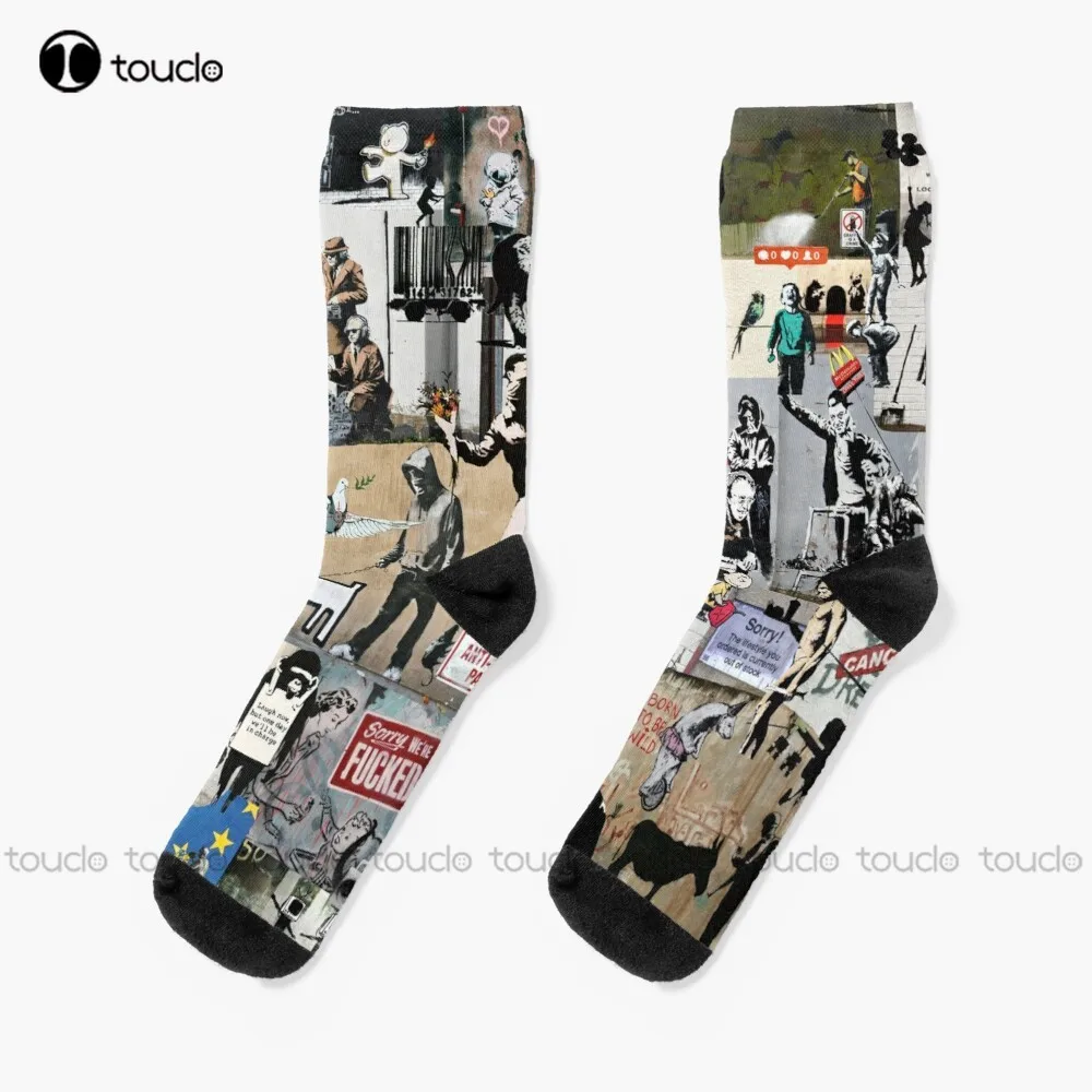 

New Banksy Collage Funny Animals People Message Socks Mens Novelty Socks Personalized Custom Unisex Adult Socks Popularity Gifts