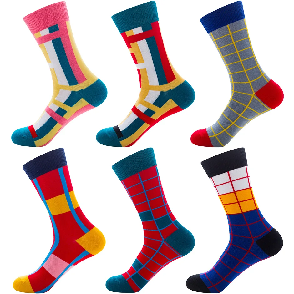 

1 Pair Colorful Combed Cotton Socks Rhombus polygon Pattern Long Tube Happy Men Socks Novelty Skateboard Crew Casual Crazy Socks