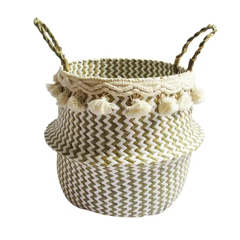 

Boho Woven Seagrass Belly Basket Foldable Plant Pot Basket With Tassels For Laundry Picnic Grocery Toy Bamboo Storage Baskets