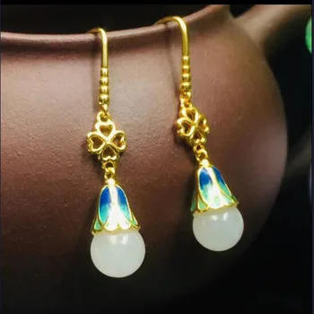 

Natural Hetian White Jade Enamel Craft 925 Sterling Silver Dangle Earrings Lady Eardrop Wholesale
