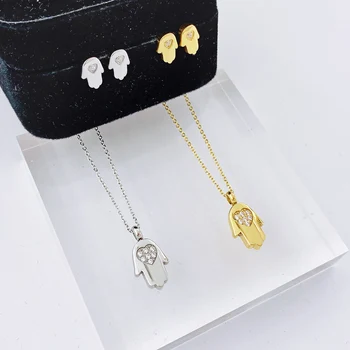 

Turkish Crystal Evil Eye Hand Hamsa Pendant Necklace Womens Silver Gold Color Jewelry Hollow Out Clavicle Link Chains