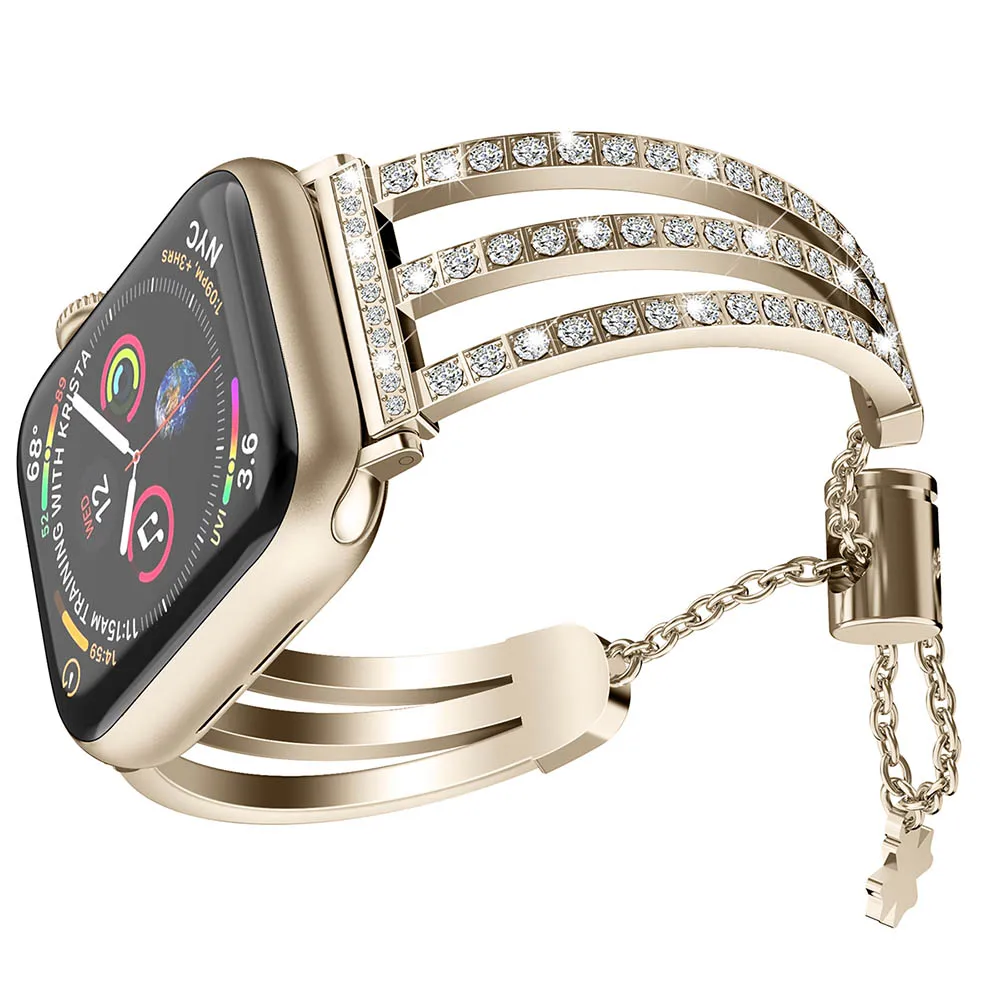 Ремешок для наручных часов для Apple Watch1/2/3/4 трёхрядная алмаз Регулировка ремешок умных наручных сплав Нержавеющая сталь Ремешок Браслет - Цвет: Золотой