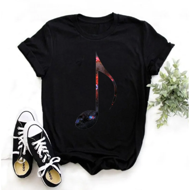 

Женская футболка с принтом музыкальных нот, женская футболка с эстетическим принтом, знакомство, символ, космос, галактика, силуэт звезды, музыкант