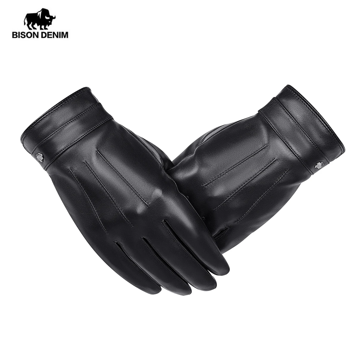 Мужские перчатки из натуральной овечьей кожи BISON DENIM черные варежки с теплым