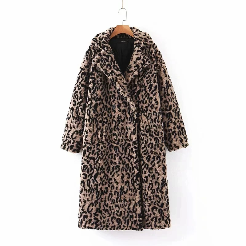 Withered winter woolen overcoat women england vintage Leopard Print Lamb hair drop shoulder oversize thick trench coat women top