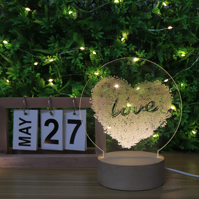 Acrylic Carved Inside Wooden Loving Heart Night Light 3D Lamp Gift For Lover