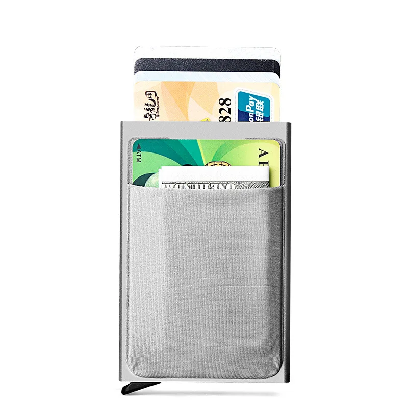 Genuine Leather Men Aluminum Wallet Back Pocket ID Card holder RFID Blocking Mini Magic Wallet Automatic Credit Card Coin Purse - Цвет: Silver