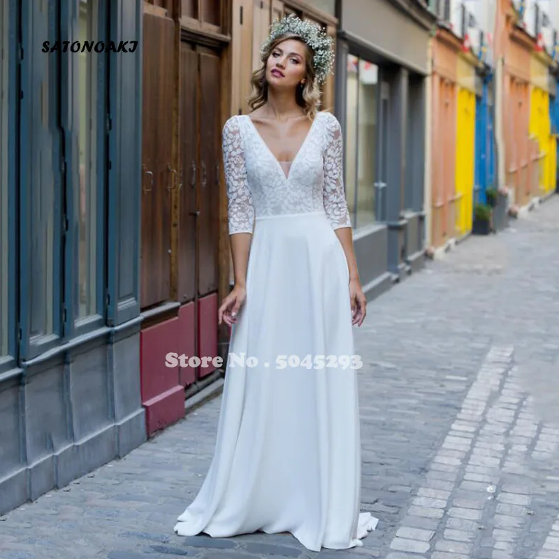 Vestido De Novia Bohemian Wedding Dress 2022 Sexy V Neck Half Sleeve Backless Lace White Satin Bridal Gown For Bride Robe Mariée sexy wedding dresses