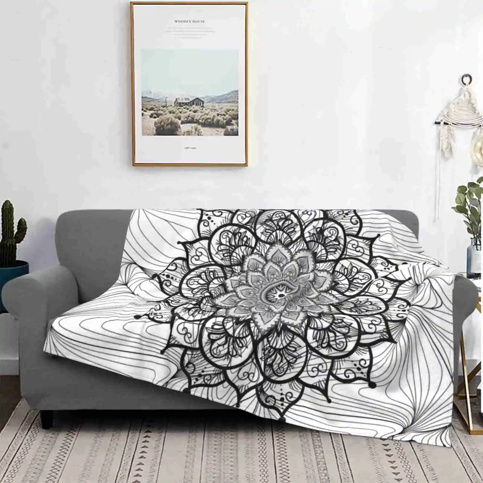 

Mandala Flower Blanket Soft Warm Travel Portable Blanket Graphic Design Simple Fancy Fineline Modern Idea Black And White