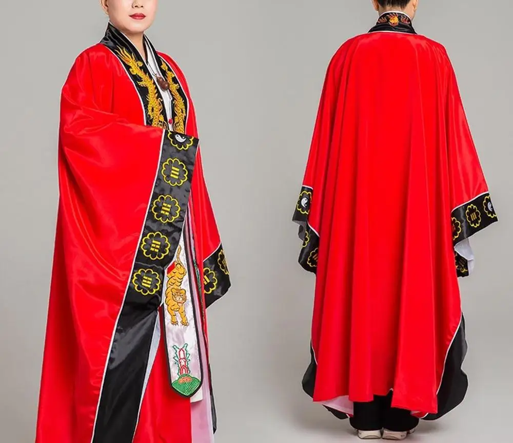 유니섹스 고품질 레드/옐로우 도교 드래곤 칼라 캐삭스 가운, 의류 도교 의류 조끼