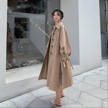 

Women Khaki Lantern Sleeve Trench Coat Female Casual Long Outerwear Lapel Fall Loose Slim Belt Single-Breasted Windbreaker