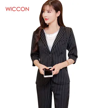 

Work Pant Suits OL 2 Piece Sets Double Breasted Striped Fashion Blazer Zipper Trousers Suit For Women Set Feminino Spring