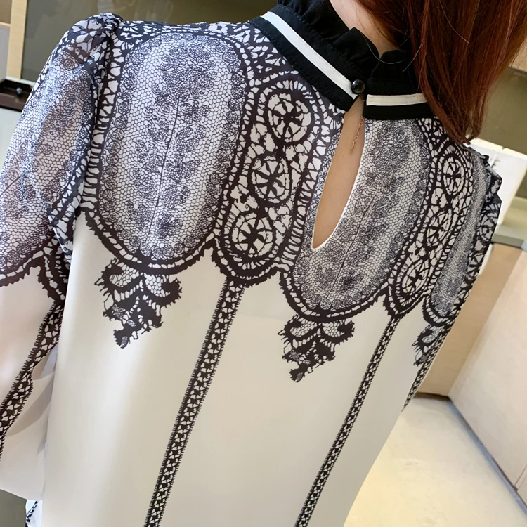 Women Chiffon Print Lace-up Blouse Shirts Stand
