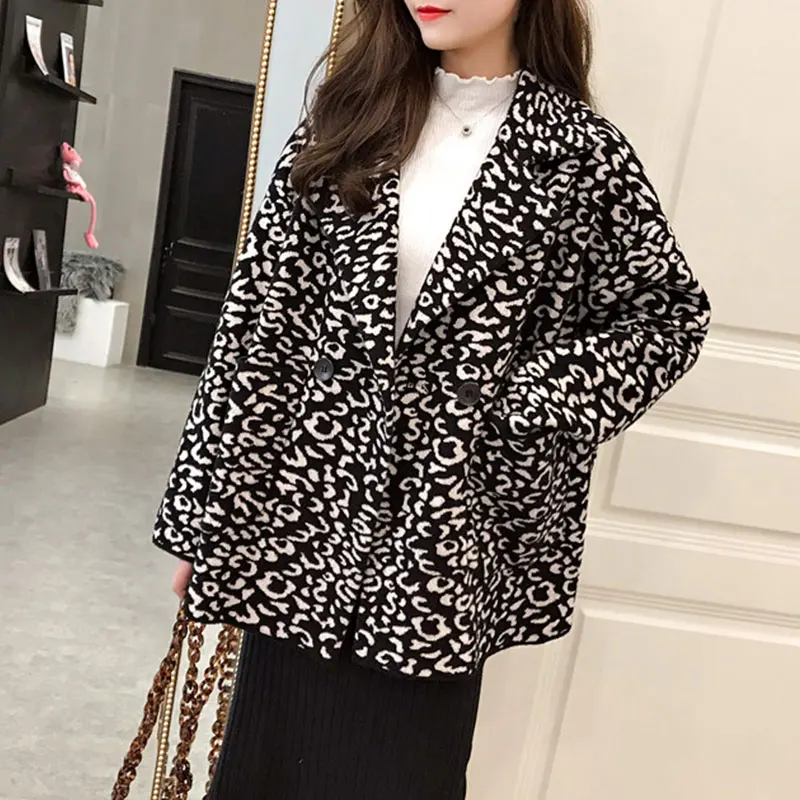DISIAMAN plus size leopard coat faux fur jacket winter clothes women double-breasted knit chunky ladies sweaters long cardigan