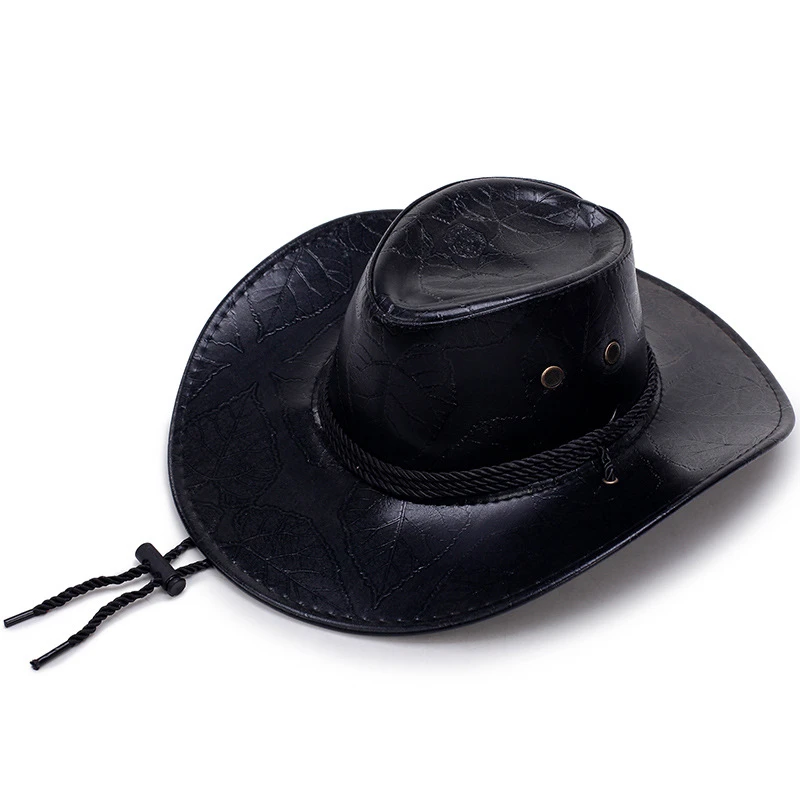 Искусственная ковбойская шляпа из кожи, повседневные ковбойские шляпы для женщин, однотонные солнцезащитные козырьки, кепки для женщин, мужчин, женщин, классные ковбойские шляпы в Западном и американском стиле - Цвет: Black 01