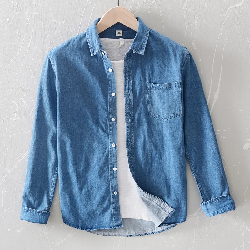 New Classic casual blue Denim shirt spring autumn Comfortable thin solid tops for men clothing long sleeve soft jeans shirts