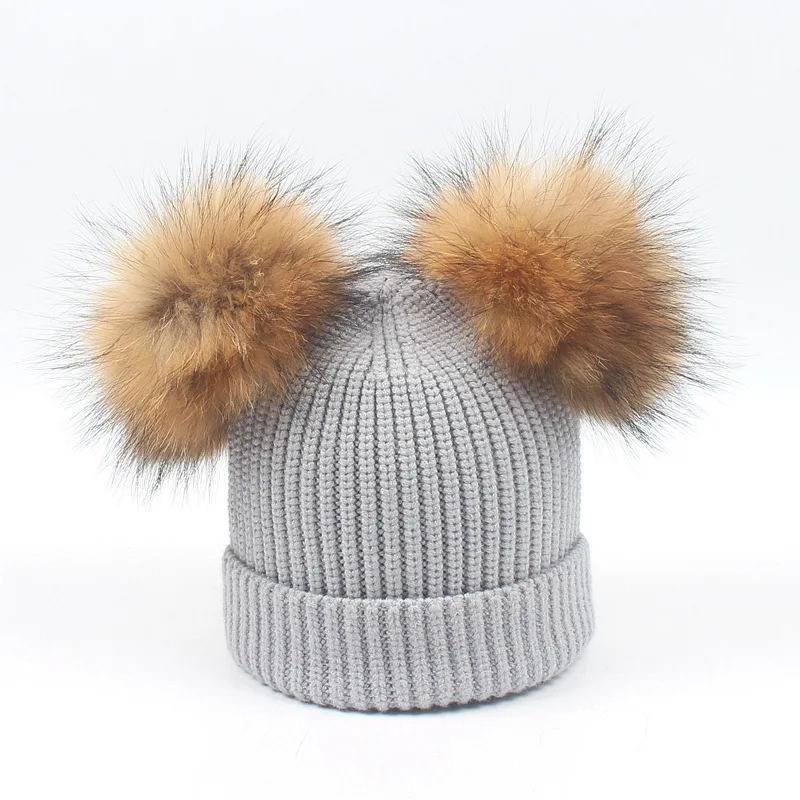 Hat-light gray Dollplus, новая модная шапка для новорожденных, шапка из меха енота, теплые помпоны, детские шапки, шарф, детские вязаные шапки для мальчиков и девочек - Цвет: Hat-light gray