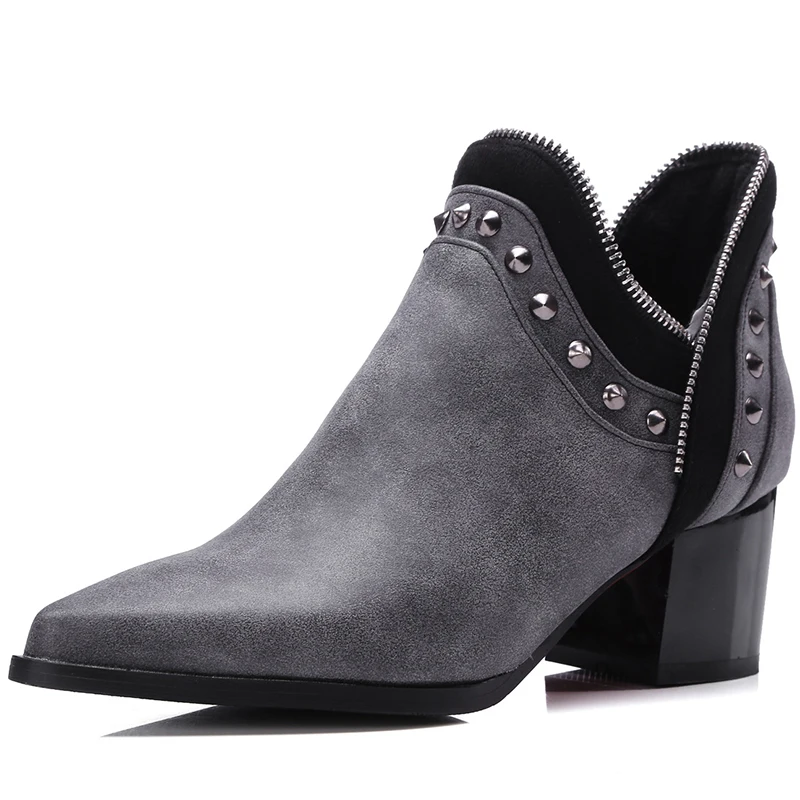 grey with fur Модные женские ботинки; сезон осень-зима; большие размеры; обувь для вечеринок и ночных клубов; обувь из мягкой кожи с заклепками; пикантные женские ботильоны на высоком каблуке; botines - Цвет: grey with fur