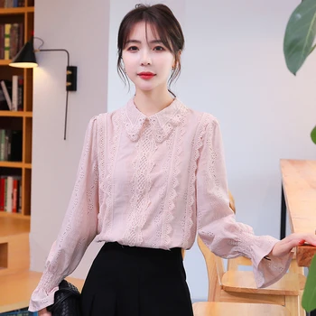 

COIGARSAM Full Sleeve blouse women New Spring Lace blusas womens tops and blouses White Pink 8375