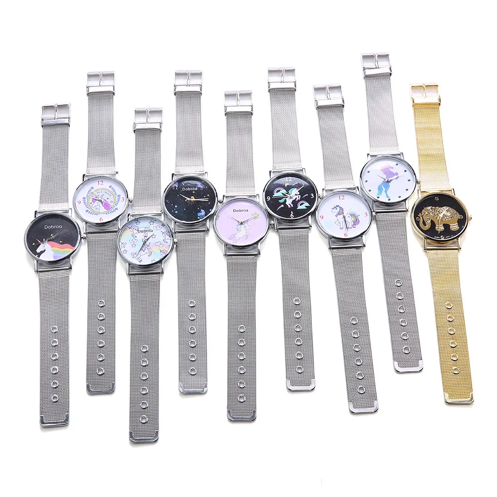 

Casual Watch 4 with Numbers Rainbow Unicorn Pattern Mesh Belt Watch Women's Hot Selling