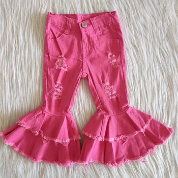 

new arrival fashion children ruffle jeans girl solid color denim bell pants baby girls high quality Ripped jeans