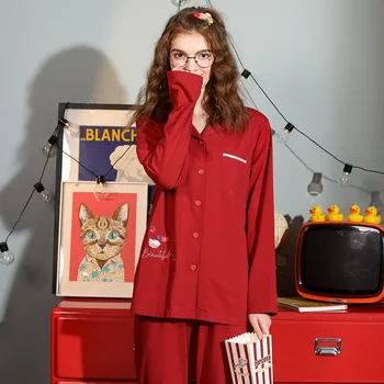 

FENTENG Autumn Pajamas For Women Fashion Causal Basic Women's Home Clothes Lapel Loose Pajama Set J98133016