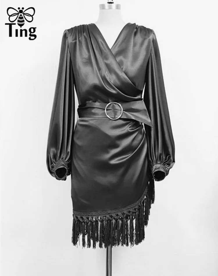 Tingfly Подиумные дизайнерские сексуальные мини Вечерние платья с кисточками женские весенние атласные Короткие Роскошные Клубные платья с кисточками - Цвет: Черный