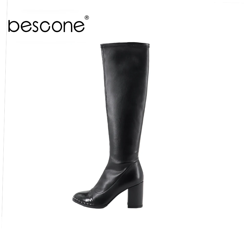 

BESCONE Genuine Leather Women Boots Handmade Round Toe Zipper Square Heel Shoes Winter Casual Super High Heel Ladies Boots BC365