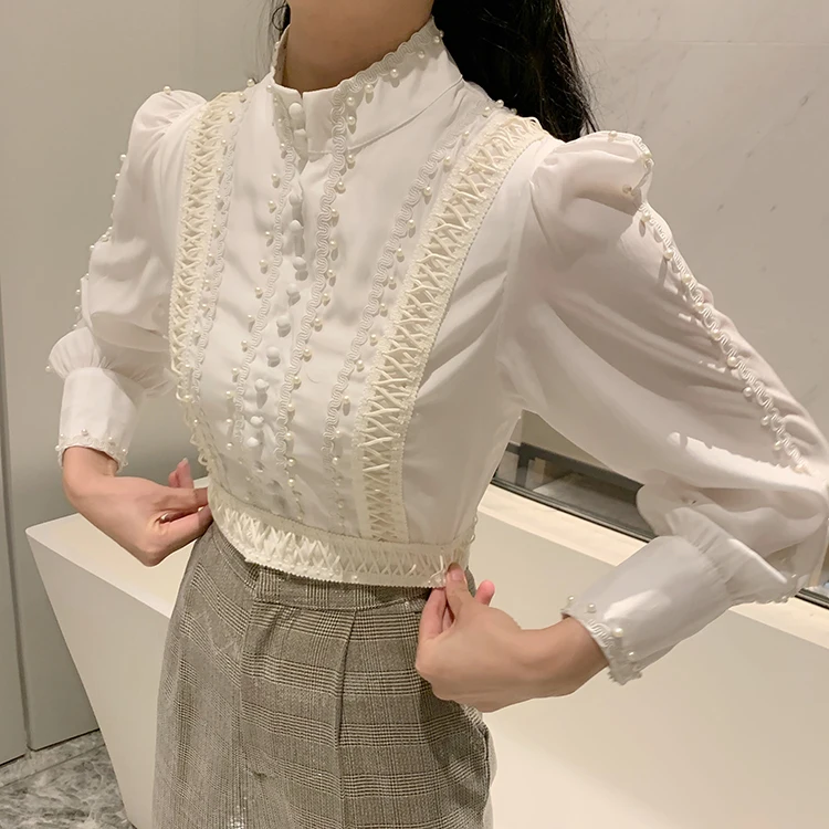 Высокое качество новейшая мода подиумная дизайнерская блузка женская блузка с бисером Топ