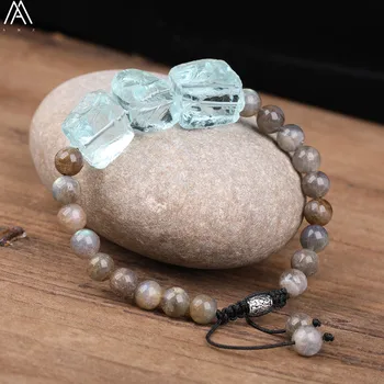 

Rough Blue Quartz Crystal 8mm Labradorite Stone Mala Beads Cord Knotted Adjustable Bracelet Women Chakra Jewelry N0362AMAC