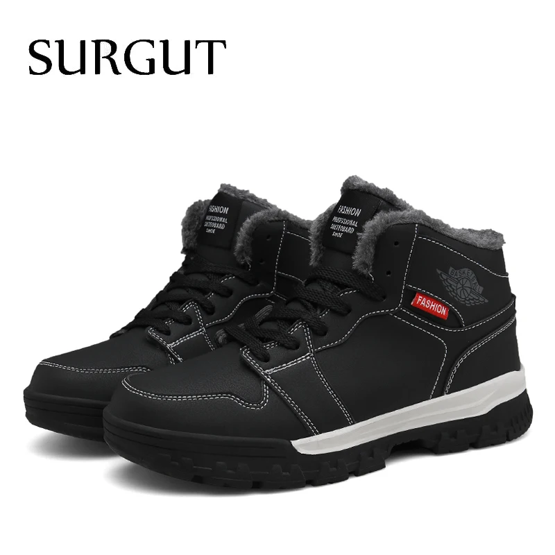 SURGUT Winter Men Boots New Waterproof Work Shoes With Fur Plush Warm Snow Boots Male Outdoor High Top Casual Boots Sneaker