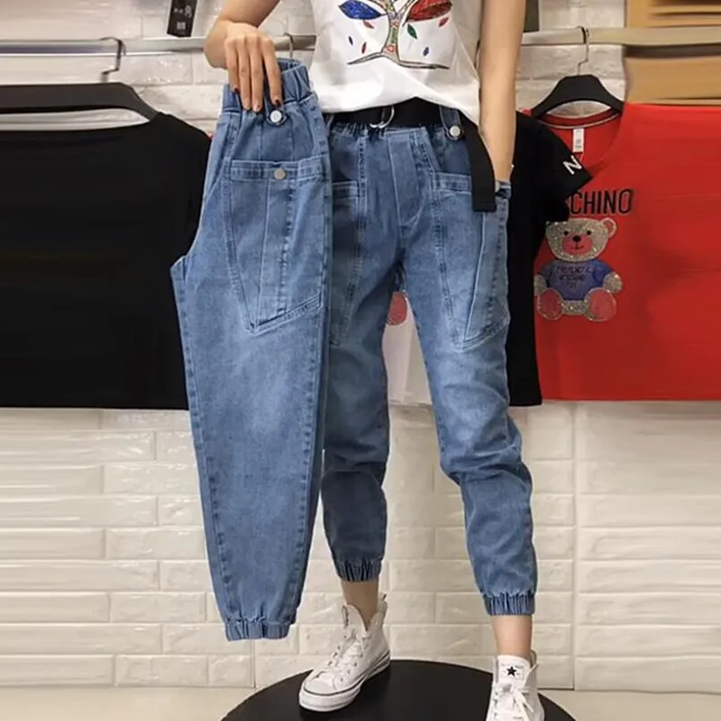 

Женские джинсы с эластичным поясом, универсальные свободные тонкие шаровары из денима с высокой талией, модель w2545 на весну и лето, 2021