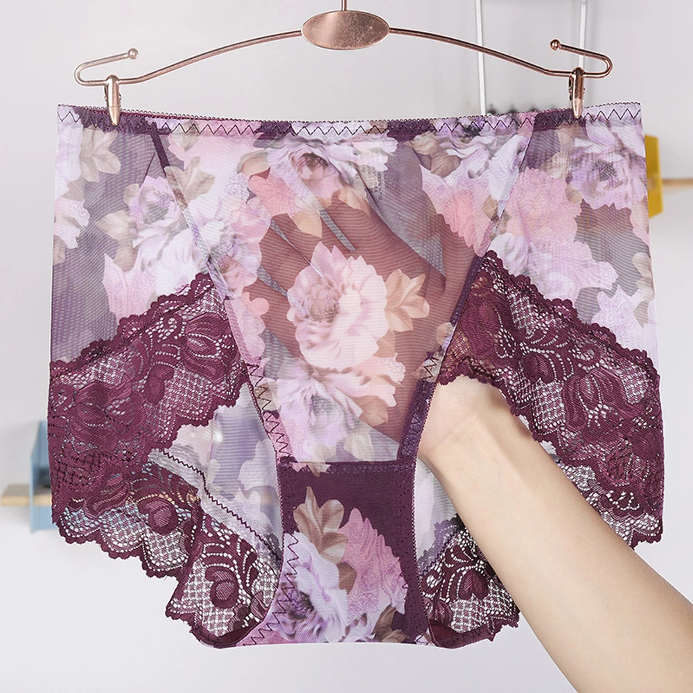 dark purple Бесшовные высококачественные кружевные прозрачные вышитые женские сексуальные дышащие трусики с цветочным узором - Цвет: dark purple