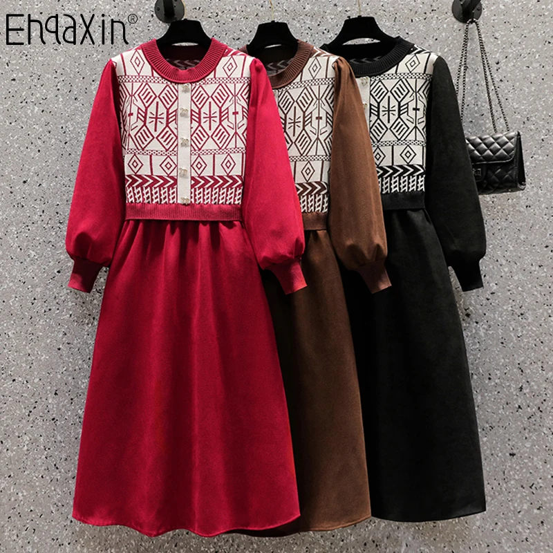 

EHQAXIN Women's Dress Fall Winter Fashion Elegant New Geometric Print Stitching Knit Bowknot Lace-Up Dresses L-4XL