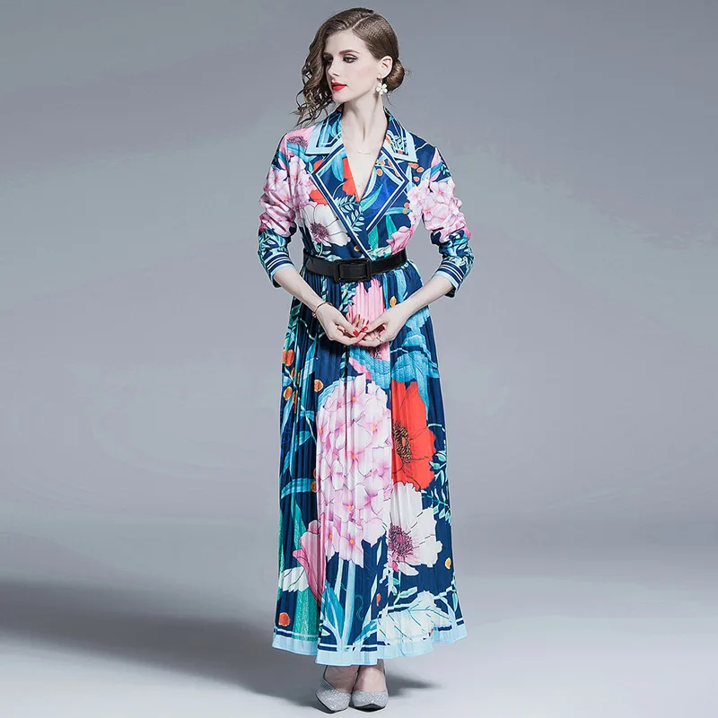 

Runway dress 2019 women high quality elegant floral print long sleeve maxi boho dress with belt floor length female vestidos