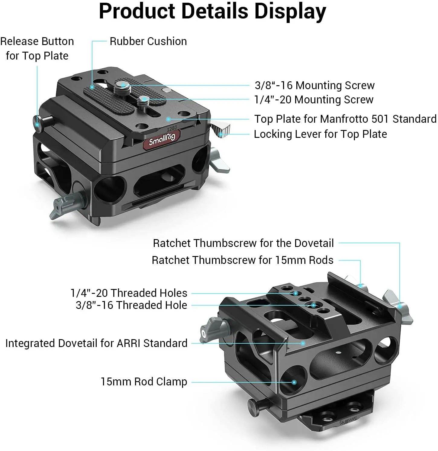 Lightweight Baseplate Riser System with Dual 15mm Rod Clamp, Base Plate Magnesiu