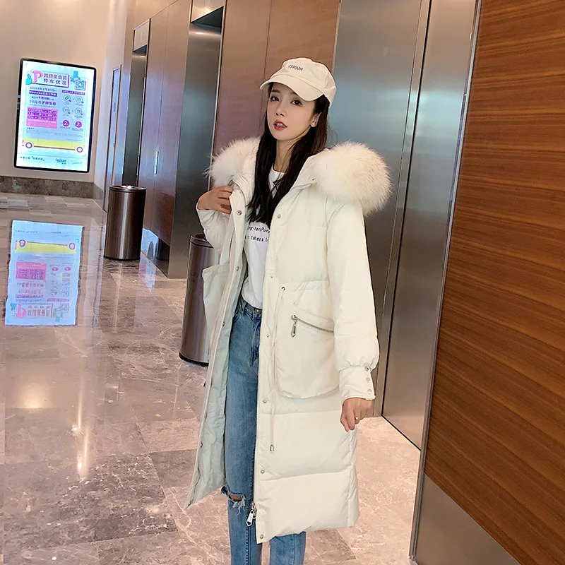 

White Duck Down Coat Winter Coat Women Big Fur Collar Puffer Jacket Hooded Down Jacket Casaco Kurtka Damska 1938 YY1375
