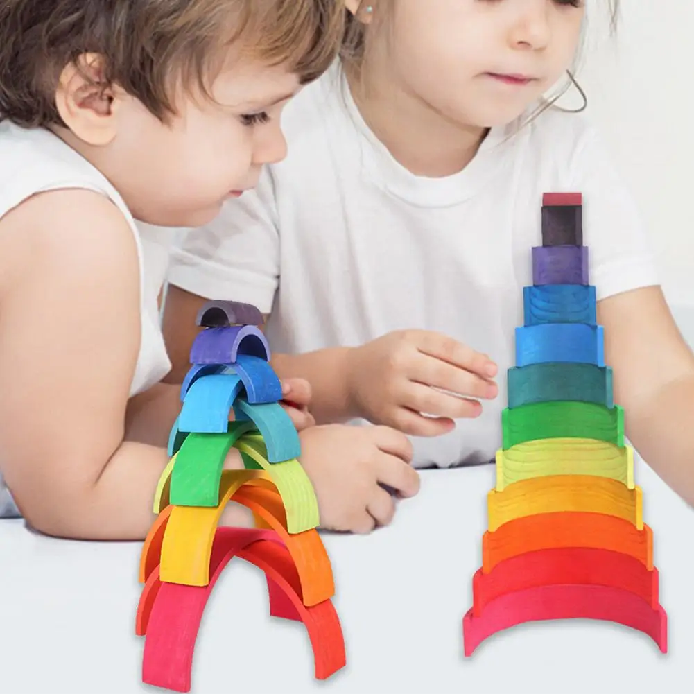 

Rainbow Arch Bridge Building Block Toys Rainbow Stacker Nesting Puzzle Blocks 12 PCs Wooden Building Blocks Toys For Children