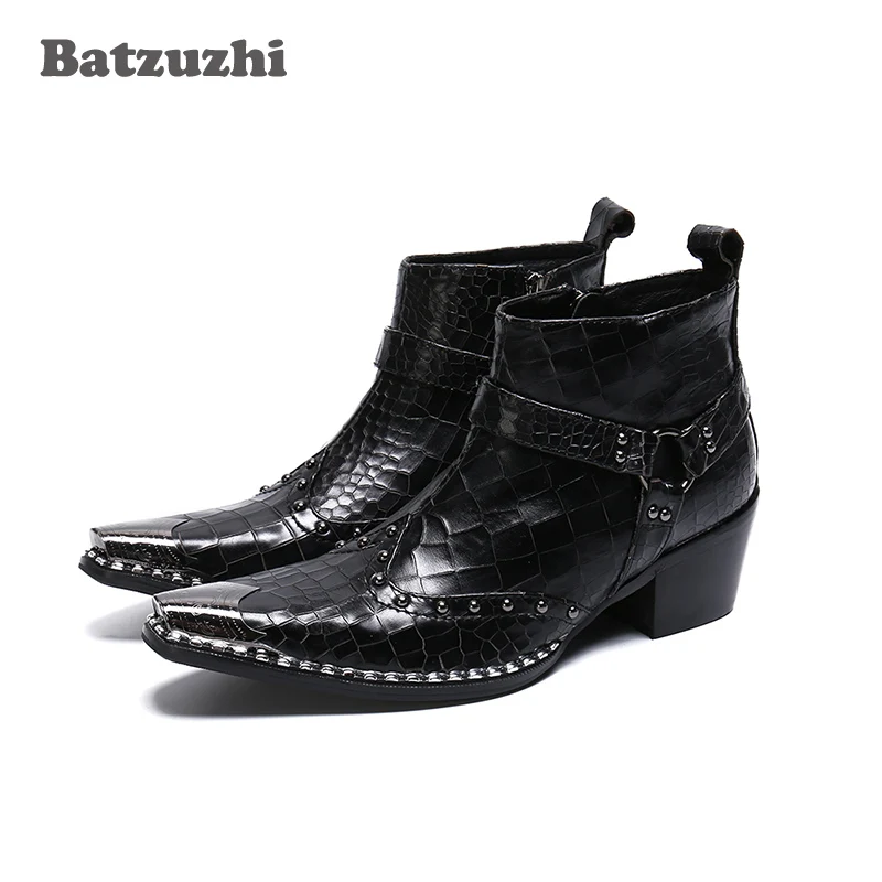 Batzuzhi Fashion Men Boots Pointed Metal Tip Black Genuine Leather Boots Ankle Motorcycle Boots Punk 6.5cm High Heels