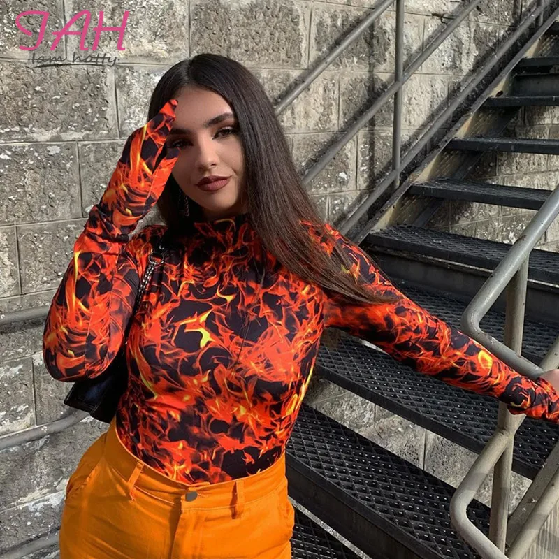 IAMHOTTY женский красный топ с принтом огня праздничные боди длинным рукавом и